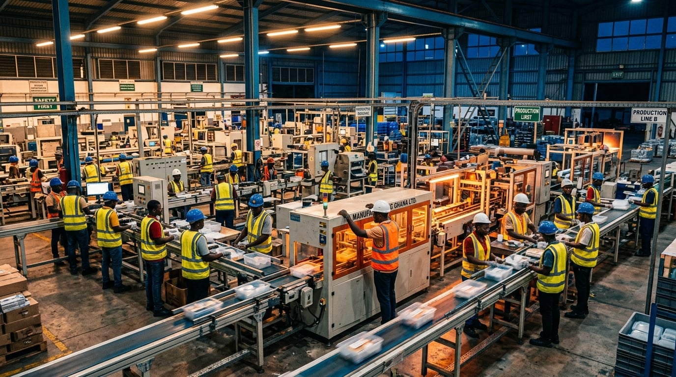 Ghanaian factory floor operating at night under bright lights during a continuous production shift