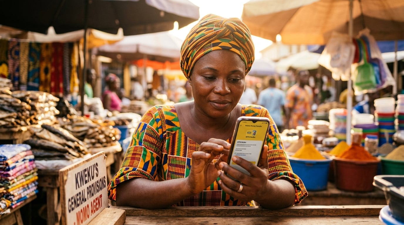 Ghanaian small business owner reviewing a loan application on a smartphone with mobile money and digital finance icons